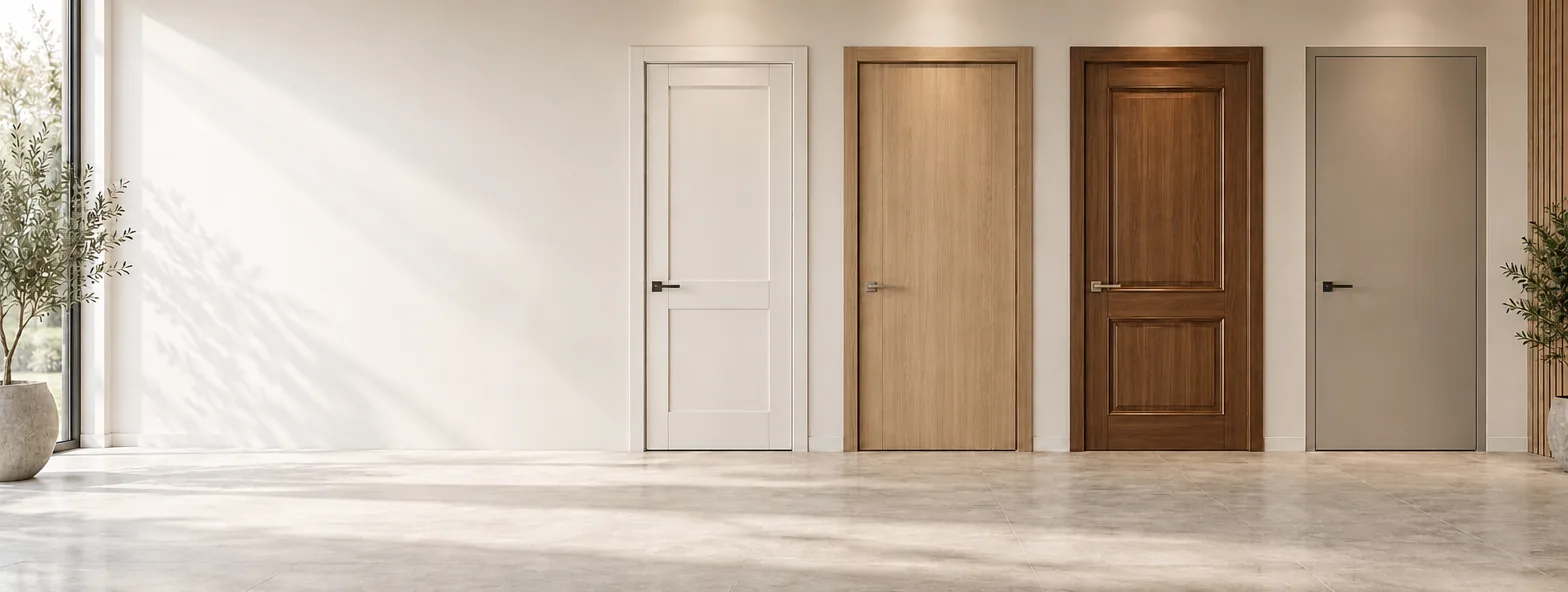 Five interior doors: white, light oak, natural oak, dark walnut, and warm beige, displayed in a minimalist showroom.